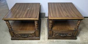 lot 174 image: (2) Matching Solid Wood End Tables With Bottom Drawers
