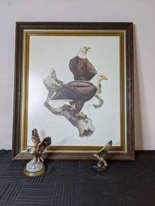 lot 156 image: 25x29 Vintage Bald Eagle Painting by David Plank, Vintage Brass Bald Eagle Figuring on Marble, Ceramic Bald Eagle Figurine by J. Byron