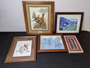 lot 164 image: Cardinal Painting, Pheasant Painting, Cross-stitch, Shadowbox, Scenic Photo