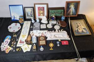 lot 160 image: Large Unique Collection of Religious Items Holy Water, Angels, Praying Hands, Waterford Crystal, and More