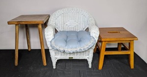 lot 135 image: Tiny Wicker Chair Plus Two Wood Step Stools