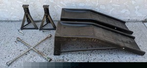 lot 193 image: Pair of Ratcheting Jack Stands, 4-Way Tire Iron, Pair of Auto Ramps