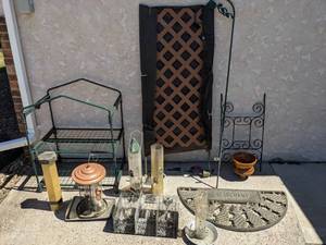 lot 198 image: The Great Outdoors Trellis, Shepherds Hook, Bird Feeders, Vintage Glazed Plant Pot, Small Plant Shelf, Bell, Hooks and More