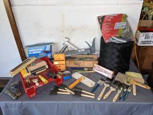 lot 189 image: Large Assortment of Painting Supplies and Other Garage and Home Improvement Items Mitre Box, Cedar Shims, Caulking Supplies, Etc.