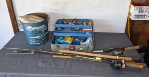 lot 194 image: Here Fishy Fishy  Rods and Reels, Vintage Frabills Minnow Bucket, Vintage Watertite Union Chests Tackle Box with Lures and Other Gear