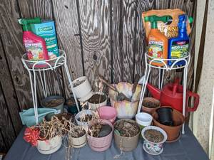 lot 239 image: Large Collection of Plastic and Ceramic Flower Pots, 2 Watering Cans, 2 Metal Plant Stands and More
