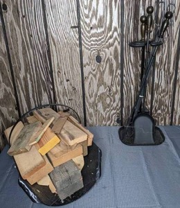 lot 240 image: Fireplace Tools in Stand and Firewood Holder with Wood