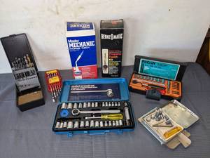 lot 183 image: (2) Propane Torches, Drill Bits, (3) Socket Wrench Sets, S.A.E Combination Wrench Set
