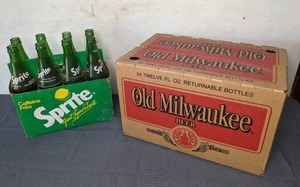 lot 27 image: Vintage (8) Empty Sprite Bottles and (24) Empty Old Milwaukee Beer Bottles