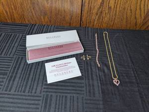 lot 206 image: Set of 3 Pink CZ Cubic Zirconia Helzburg Diamonds Jewelry 14k Gold Necklace, 10k Gold Bracelet, Gold-Plated Earrings
