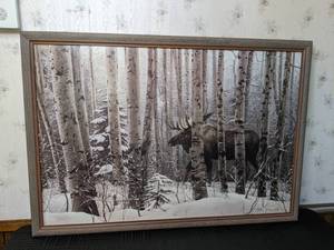 lot 11 image: Framed Print of Moose in Winter Forest A Walk in the Woods by Stephen Lyman B