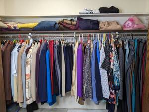 lot 100 image: Large Assortment of Womens Clothing Belts, Pants, Tops Size 12