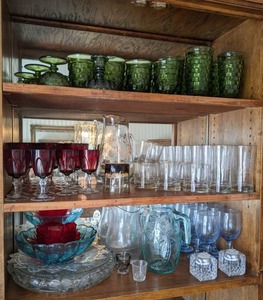 lot 82 image: Large Collection of Vintage Glass Whitewall Cube Green, Ruby Red Goblets, Pitchers, Trays and More