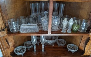 lot 89 image: Collection of Elegant Vintage Glassware Champagne Flutes, Candy Dishes, Butter Tray and More
