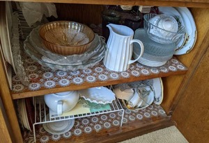 lot 90 image: Vintage Glassware Milk Glass Bowl, Teapot, Pink Glass, and Much More