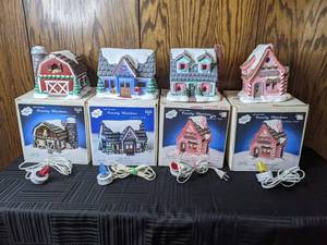 lot 268 image: Collection of 4 Country Christmas Hand Painted Light Up Ceramic Buildings by Heath in Crafts