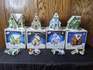 lot 269 image: Collection of 4 Country Christmas Hand Painted Light Up Ceramic Buildings by Heath in Crafts