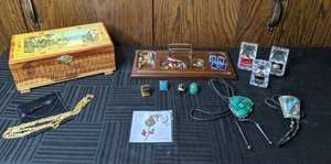 lot 218 image: Wooden Box, Necklaces, Rings, Earrings, Key Chain, Bracelets