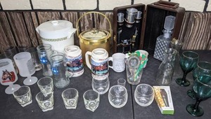 lot 241 image: Miscellaneous Kitchen Ware Cups, Mugs, Decanter Set, Pitcher, Ice Bucket, & More