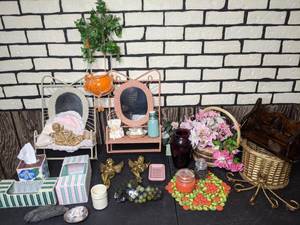 lot 387 image: This & That Wicker Wall Shelves, Wooden Wall Shelf, Candles, Angels, Tissue Box Covers, Faux Flowers and More