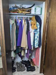 lot 351 image: Closet FULL of Clothes and Shoes Suit, Sag Harbor, Lesie Kay Dress, Size 10, Etc.