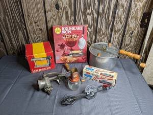lot 302 image: Vintage Nordic Ware Krumkake Iron with Rolling Cone, Reeds Rocket Nut Cracker, Imperia Pasta Machine, Whirley Pop Popcorn Popper, Manual Whisk and More