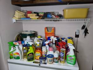lot 307 image: Assortment of Cleaning Supplies Clorox Clean-Up Bleach, Sparkle Glass Cleaner, Lysol Laundry Sanitizer, Extreme Orange Tough Acting Degreaser, Mold Armor, Sponges and More