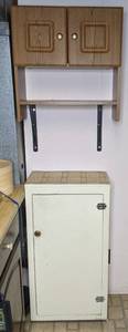 lot 311 image: 3-Shelf Wood Cabinet and 2-Shelf Wall Mount Wood Shelf