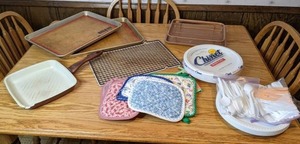 lot 377 image: Assortment of Kitchen Items Silpat Silicone Baking Mats, Griddle Pan, Cooling Racks, Chinet Disposable Dinner Plates and More