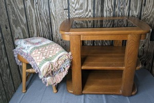 lot 380 image: Living Room Accents Glass Top Wood End Table, Wooden Stool & Decorative Floral Throw Blanket