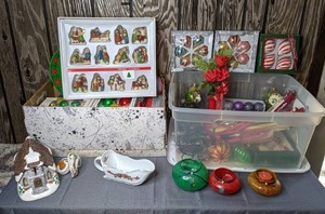 lot 383 image: Collection of Christmas Decorations Lights, Glass Ornaments, Figurines, Candles and More