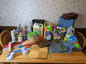 lot 374 image: Assortment of Cleaning Supplies Multi-Use CLR Remover, Scrub Free Clean Shower, Glade Fragrances, Clorox Clean-Up Cleaner  Bleach, Lysol Toilet Bowl Cleaner, Sponges, Fly Swatters and More