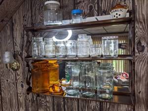 lot 404 image: 3-Tier Wall Mount Shelf, Mason Jars, Glass Containers with Lids and More