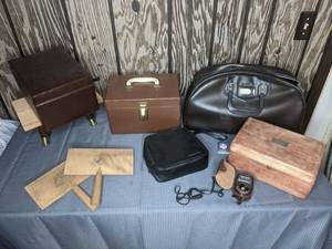 lot 392 image: NFL Tasco Bag, Sunglass Cases, Tuscan Designs Leather Storage Box, Small Step Stool and More