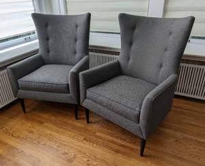 lot 4 image: Pair of Room and Board Louis Armchairs in Doria Charcoal