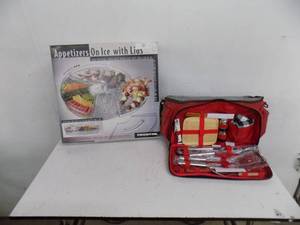 Appetizers on ice with lids, Red bag cooler with utensils