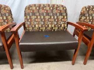 MRSP $1600 High Quality Designer Healthcare Seating Stance Vista Guest Waiting Room Patient Reception Area Bariatric Arm Chair Mahogany Wood Finish &amp Contemporary Stain-resistant Two Pattern Upholstery 24 Extra Wide Seat - Upholstery Is Like New