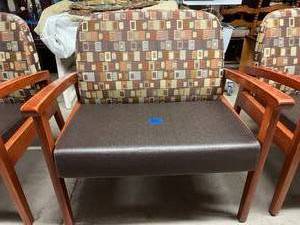 MRSP $1600 High Quality Designer Healthcare Seating Stance Vista Guest Waiting Room Patient Reception Area Bariatric Arm Chair Mahogany Wood Finish &amp Contemporary Stain-resistant Two Pattern Upholstery 24 Extra Wide Seat - Upholstery Is Like New