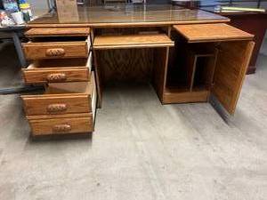 Fabulous &amp Gorgeous Wood Executive Office Desk #2 W Victorian Carved Wood Drawer Pulls, Glass Top, Slide Out Keyboard Tray &amp Rare Center Outlet Through Glass Access &amp Cabinet Door&nbsp Desk -Excellent Condition Glass Top Has Chip See Pic