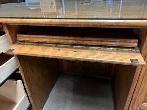Fabulous, Classy &amp Gorgeous Wood Executive Office Desk W Victorian Carved Wood Drawer Pulls, Glass Top, Slide Out Tray Keyboard Tray &amp Rare Center Outlet Through The Glass Access &amp Cabinet Door&nbsp Excellent Condition