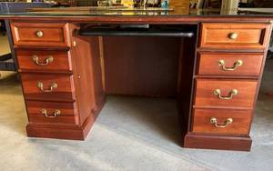 High Quality Richardsons Furniture Mahogany Glass Top Executive Suite 6 Drawer (2 Hanging File Size Drawers) WBrass Accents &amp Slide Out Height &amp Tilt&nbspErgonomic Keyboard Tray w FastAction Precision Arm - Locking W2 Keys