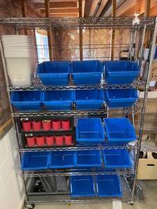 lot 77 image: Rolling Metal Storage Rack Full of Storage Bins