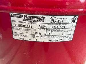 lot 82 image: Coleman Powermate 21 Gallon 6HP Air Compressor Model VL0602112.01