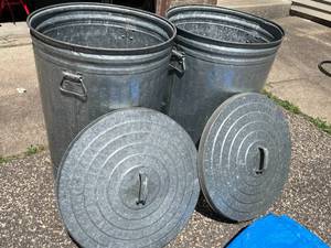 lot 98 image: 2 Galvanized 30 Gallon Waste Cans With Two Tarps