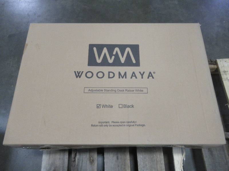lot 120 image: Maya Wood Height Adjustable Standing Desk with Premium Air Pump Lift - Desk Stand Raiser in White, WMDKR-0005WHT - Unclaimed Freight