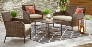 lot 132 image: Hampton Bay Gableton 4-Piece Steel Outdoor Patio Wicker Conversation Set with Beige Cushions, GI-18048. - Store Display.