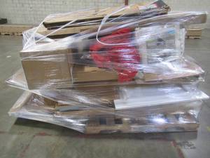 lot 203 image: LARGE WHOLESALESALVAGE PALLET  OF BUILDING MATERIALS, SMALL HOUSEWARES AND MORE