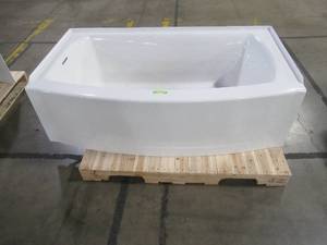 lot 209 image: AMERICAN STANDARD Ovation Curve 60 in. Left Drain Rectangular Apron Front Bathtub in Arctic White - CRACKED BACK ALONG WAINSCOTTILE FLANGE AND JUST INSIDE TUB.