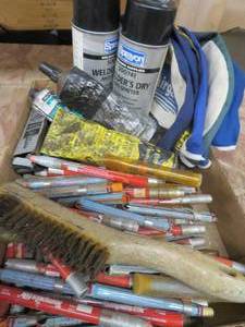 lot 112 image: 2 FULL CANS OF WELDERS DRY, SKULL CAP, LUBERCANTS, & TEMP STICKS