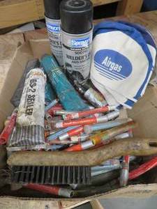 lot 113 image: 2 FULL CANS OF WELDERS DRY, SKULL CAP, LUBERCANTS, & TEMP STICKS